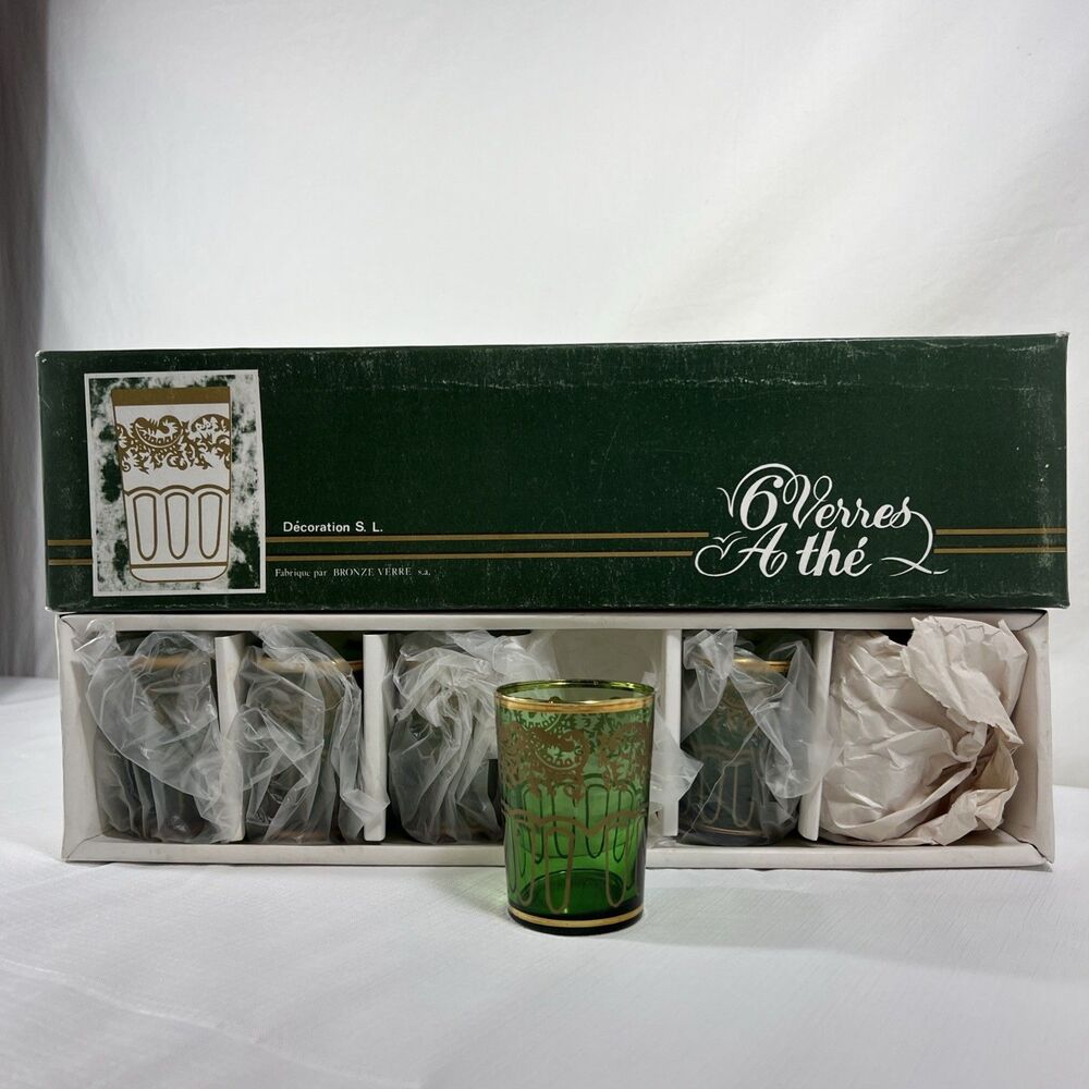 Vintage - 6 Emerald Green Moroccan Tea Glass Set • Gold Filigree - NEW